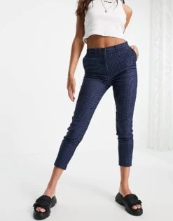 Monki Slim Leg Houndstooth Trousers In Blue For Women -Monki Shop 200300563 1 blue 1