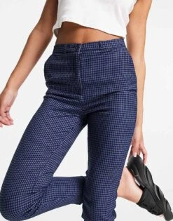 Monki Slim Leg Houndstooth Trousers In Blue For Women -Monki Shop 200300563 3