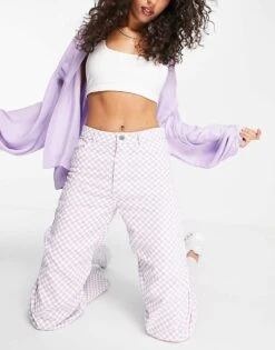 Monki Celi Checkerboard Trousers In Lilac For Women -Monki Shop 200851211 4