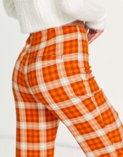 Monki Check Flare Trousers In Rust - RED For Women -Monki Shop 201143427 3