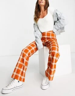 Monki Check Flare Trousers In Rust - RED For Women -Monki Shop 201143427 4