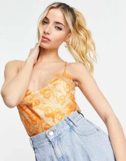 Monki Satin Waterfall Cami Top In Orange Tattoo Print For Women 11 Monki Satin Waterfall Cami Top In Orange Tattoo Print For Women -Monki Shop 201811688 1 orange 1