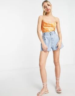 Monki Satin Waterfall Cami Top In Orange Tattoo Print For Women 9 Monki Satin Waterfall Cami Top In Orange Tattoo Print For Women -Monki Shop 201811688 3