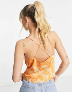 Monki Satin Waterfall Cami Top In Orange Tattoo Print For Women 10 Monki Satin Waterfall Cami Top In Orange Tattoo Print For Women -Monki Shop 201811688 4