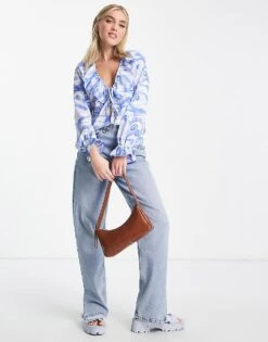 Monki Yanni Blouse In Blue Print For Women -Monki Shop 202839136 3