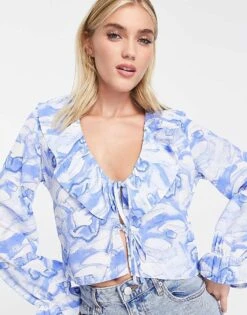 Monki Yanni Blouse In Blue Print For Women -Monki Shop 202839136 4