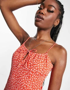 Monki Cami Midi Dress With Side Split In Red Ditsy Floral For Women -Monki Shop 203149384 3