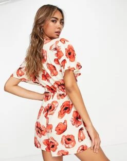Monki Relaxed Playsuit With Tie Front And Frill Sleeves In Poppy Print For Women 8 Monki Relaxed Playsuit With Tie Front And Frill Sleeves In Poppy Print For Women -Monki Shop 203149829 2
