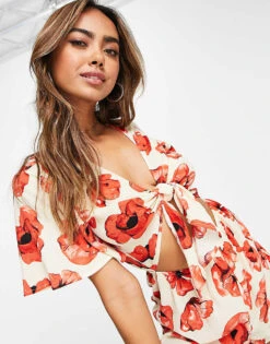 Monki Relaxed Playsuit With Tie Front And Frill Sleeves In Poppy Print For Women 10 Monki Relaxed Playsuit With Tie Front And Frill Sleeves In Poppy Print For Women -Monki Shop 203149829 4