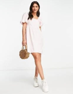 Monki Poplin Mini Dress With Puff Sleeves In Pink Floral Print For Women -Monki Shop 203224859 1 pink 1
