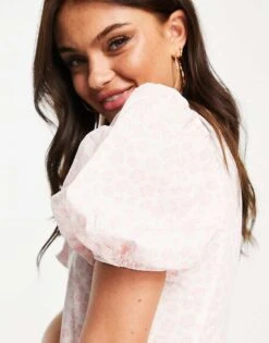 Monki Poplin Mini Dress With Puff Sleeves In Pink Floral Print For Women -Monki Shop 203224859 3