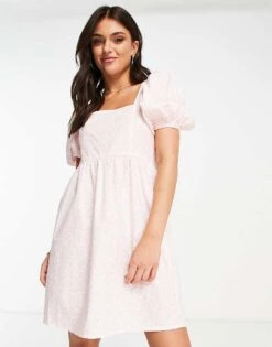 Monki Poplin Mini Dress With Puff Sleeves In Pink Floral Print For Women -Monki Shop 203224859 4