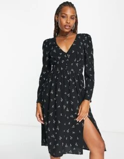 Monki Button Detail Midi Dress In Black Floral Bouquet Print For Women -Monki Shop 203953753 1 black 1