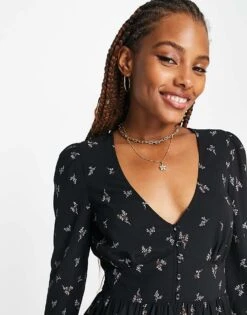 Monki Button Detail Midi Dress In Black Floral Bouquet Print For Women -Monki Shop 203953753 4