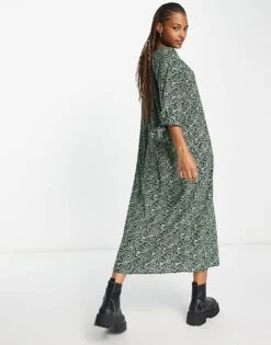 Monki Tie Sleeve Smock Midi Dress In Green Swirl For Women -Monki Shop 204102550 3