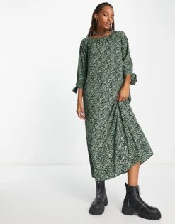 Monki Tie Sleeve Smock Midi Dress In Green Swirl For Women -Monki Shop 204102550 4