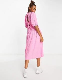 Monki Midi Puff Sleeve Dress With Cut Out Bow Back In Pink For Women -Monki Shop 204102790 1 pink 1