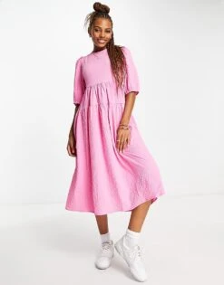 Monki Midi Puff Sleeve Dress With Cut Out Bow Back In Pink For Women -Monki Shop 204102790 2