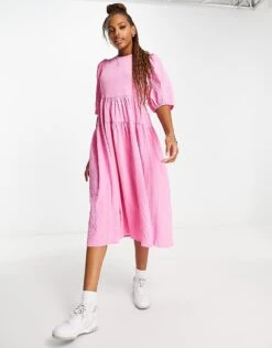Monki Midi Puff Sleeve Dress With Cut Out Bow Back In Pink For Women -Monki Shop 204102790 3