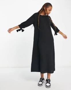 Monki Tie Sleeve Smock Midi Dress In Black For Women