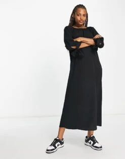 Monki Tie Sleeve Smock Midi Dress In Black For Women -Monki Shop 204102929 3