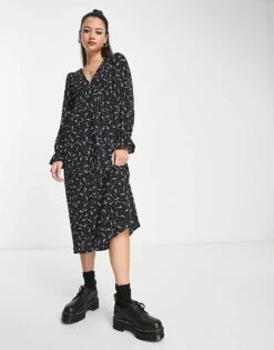 Monki Long Sleeve Midi Dress In Black Ditsy Print For Women -Monki Shop 204348857 1 black 1