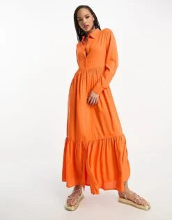 Monki Poplin Maxi Shirt Dress In Orange For Women -Monki Shop 204348917 1 orange 1