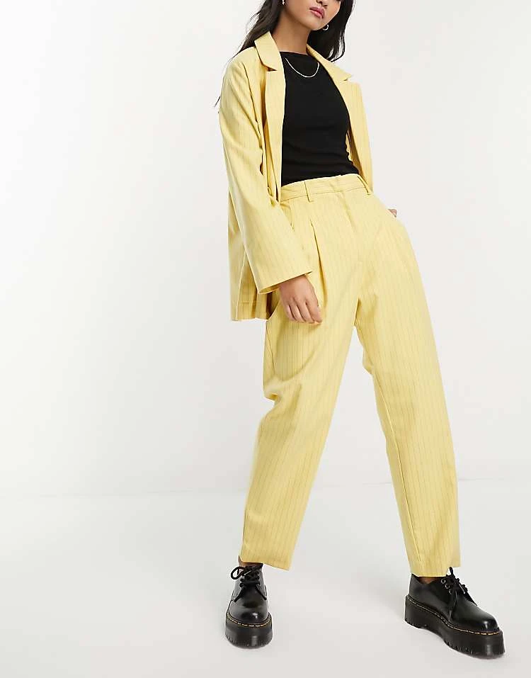 Monki Co-ord Tapered Trousers In Yellow Pinstripe For Women 4 Monki Co-ord Tapered Trousers In Yellow Pinstripe For Women - Image 2