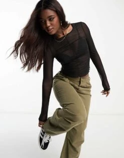 Monki Gathered Front Mesh Top In Black For Women