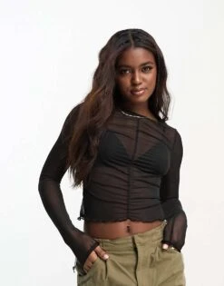 Monki Gathered Front Mesh Top In Black For Women -Monki Shop 204518280 3