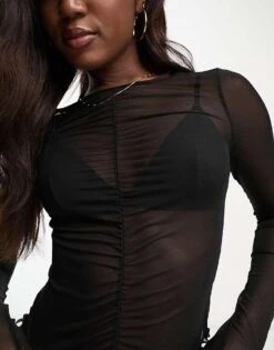 Monki Gathered Front Mesh Top In Black For Women -Monki Shop 204518280 4