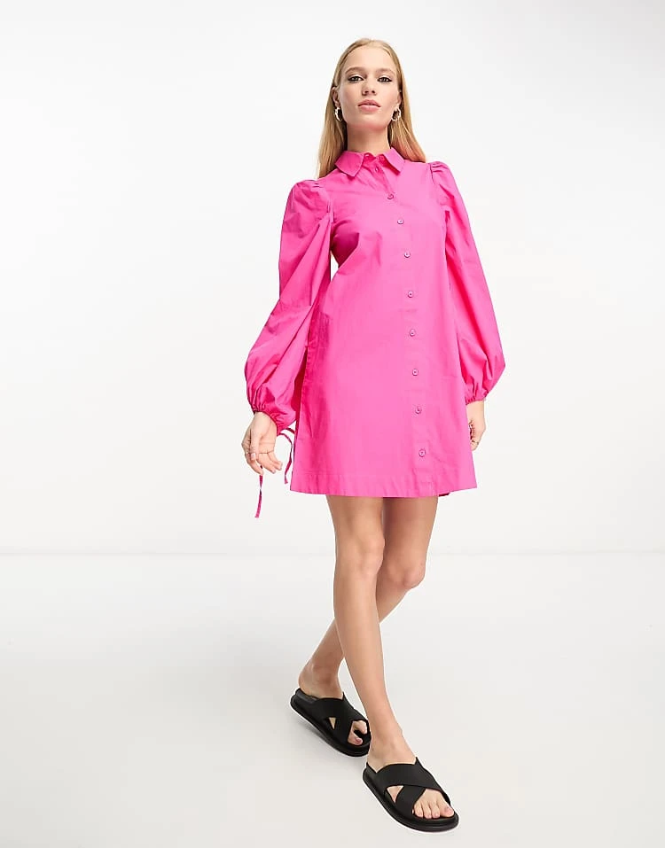 Monki Balloon Sleeve Mini Shirt Dress In Pink For Women 3 Monki Balloon Sleeve Mini Shirt Dress In Pink For Women