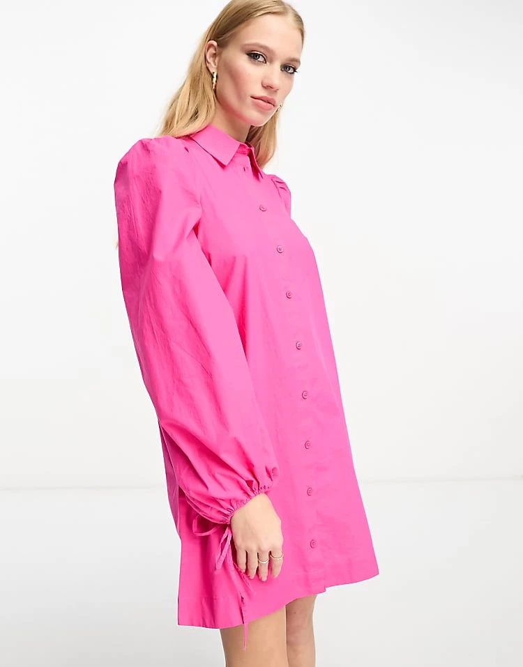 Monki Balloon Sleeve Mini Shirt Dress In Pink For Women 5 Monki Balloon Sleeve Mini Shirt Dress In Pink For Women - Image 3