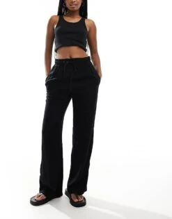 Monki Drawstring Waist Trousers In Black For Women