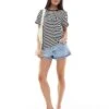 Monki Short Sleeved T-shirt In Black And White Stripe For Women -Monki Shop 204554301 1 blackandwhite