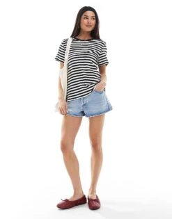 Monki Short Sleeved T-shirt In Black And White Stripe For Women