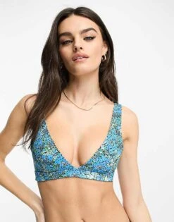 Monki Co-ord Triangle Bikini Top In Blue Floral For Women -Monki Shop 204664367 3