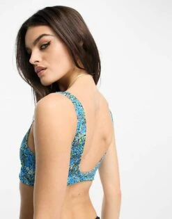 Monki Co-ord Triangle Bikini Top In Blue Floral For Women -Monki Shop 204664367 4