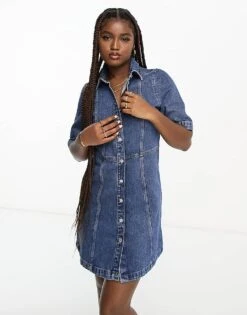 Monki Denim Mini Shirt Dress In Blue For Women -Monki Shop 204681689 4