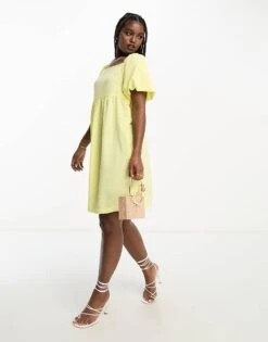 Monki Crepe Puff Sleeve Open Back Mini Dress In Yellow For Women -Monki Shop 204682111 4