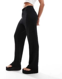 Monki Textured Pull-on Straight Leg Trousers In Black For Women