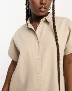 Monki Denim Mini Shirt Dress In Beige For Women -Monki Shop 204712218 3