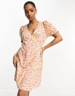 Monki Wrap Mini Dress In Yellow Floral Print For Women -Monki Shop 204938378 1 yellow 1