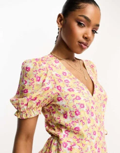 Monki Wrap Mini Dress In Yellow Floral Print For Women -Monki Shop 204938378 4