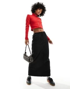 Monki Nylon Drawstring Maxi Skirt In Black For Women