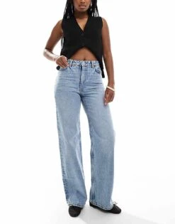 Monki Yoko High Waist Wide Leg Jeans In Mid Blue For Women