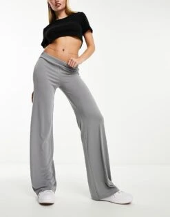 Monki Super Soft Wide Leg Trousers In Light Grey For Women -Monki Shop 205257913 4