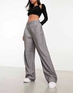 Monki High Waist Wide Leg Tailored Trousers In Light Grey For Women -Monki Shop 205258162 1 grey 1