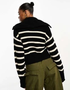 Monki High Zip Neck Knitted Sweater In Black And White Stripe For Women -Monki Shop 205258221 3