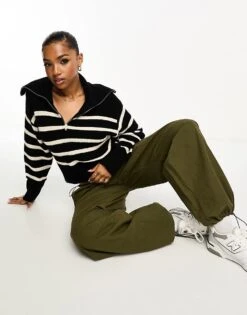 Monki High Zip Neck Knitted Sweater In Black And White Stripe For Women -Monki Shop 205258221 4